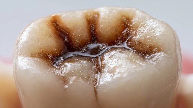 Close-Up of a Decayed Tooth with Brown Staining Highlighting Dental Issues and Oral Health Concerns in a Macro Photography Style