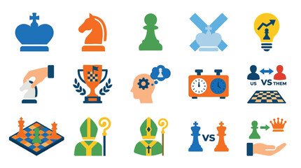 Collection of chess-related icons and illustrations, including pieces, game elements, and abstract concepts. © GJ