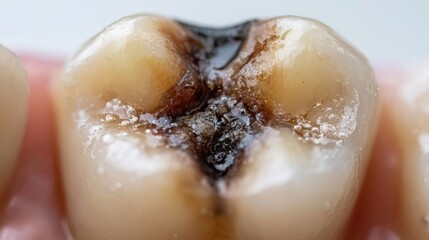 Fototapeta premium Detailed macro shot of an occlusal tooth surface showing decay and cavity formation, highlighting dental health concerns in a close-up view