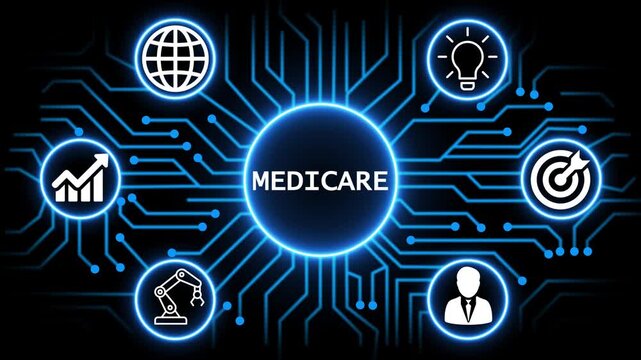 MEDICARE concept with circuit lines and digital symbols hovering above a businessman, technology. manufacturing process management all connected in a digital circle like pattern.