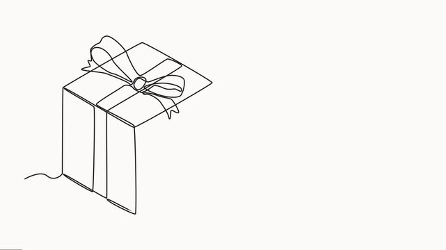 Animation continuous one line drawing of Holiday gift box. Surprise symbol in single outline style, drawing of gift box with ribbon bow, Drawing by hand, black lines on a white background.