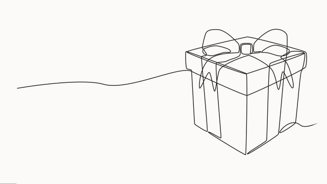 Animation continuous one line drawing of Holiday gift box. Surprise symbol in single outline style, drawing of gift box with ribbon bow, Drawing by hand, black lines on a white background.