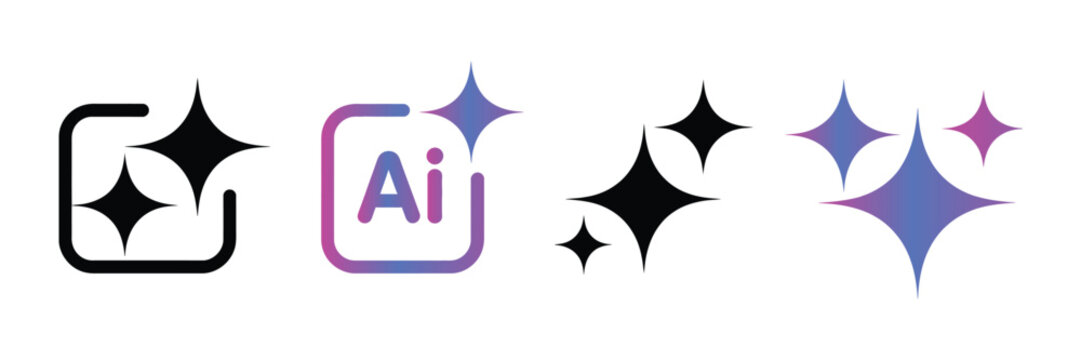 Artificial intelligence icon vector set with sparkle star and square button design for AI generate symbol, branding, and technology interface use.