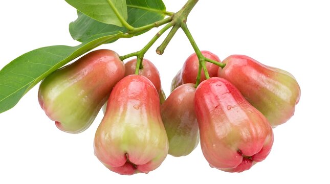 Fresh Glossy Rose Apples with Leaves Isolated on White