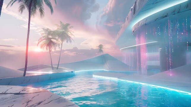 Futuristic Luxury Resort in Desert Oasis with Digital Data Streams at Sunset