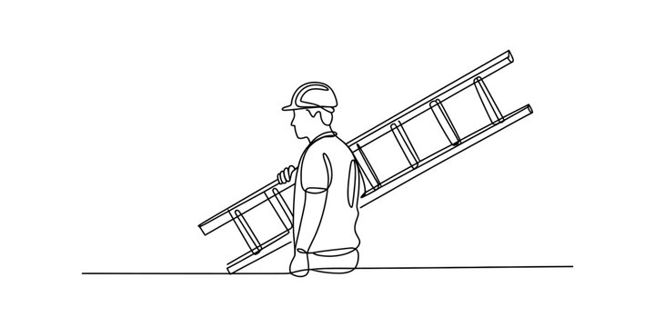 Construction worker wearing hard hat carrying a ladder on his shoulder, single line drawing style Vector, illustration