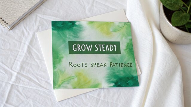 Green watercolor card with inspirational quotes "Grow Steady" and "Roots Speak Patience"