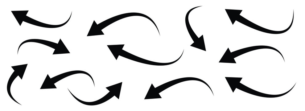 Black curved arrow set. Collection of black arrow icons pointing in various directions.  Modern simple arrows. Vector illustration.