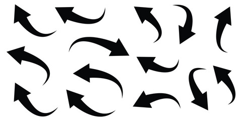 Fototapeta premium Vector arrow icon set for design and navigation purposes. Various black curved arrow icons and a circular refresh reload symbol vector set. Vector illustration.
