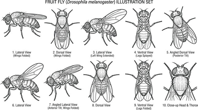 Fruit Fly Drosophila Melanogaster Anatomy Illustration Set with Multiple Views Scientific Insect Diagram Collection Isolated on White Background for Biology Education Design