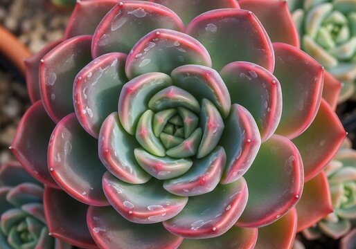 Detailed Close Up Macro Shot of Vibrant Echeveria Succulent Plant with Rosette Pattern and Pink Edges