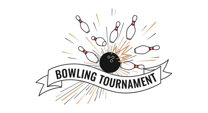Dynamic bowling tournament design featuring a black bowling ball crashing into white pins with a decorative banner below.