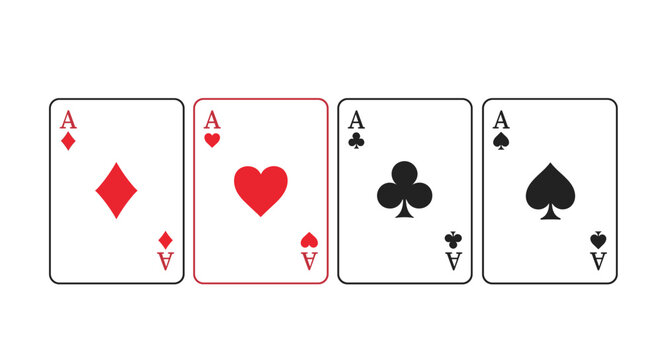 Set of four playing cards showing the ace of diamonds, hearts, clubs, and spades arranged in a horizontal row for gaming.