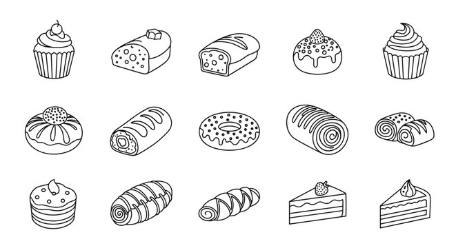 Collection of thin black line icons representing different bakery products like cupcakes, donuts, bread loaves, and rolls.