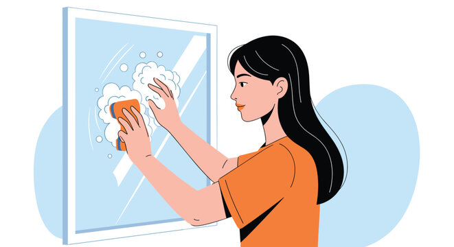 Diligent young woman cleaning a glass window with a sponge and soapy bubbles to maintain a sparkling home environment.