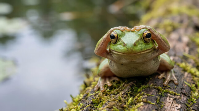 Funny expressive green tree frog with hands on head sitting on a mossy log by a pond with copy space
