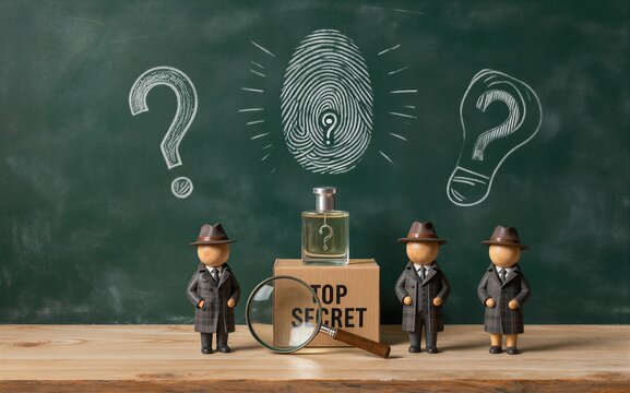 Three detective figurines stand before a chalkboard with fingerprint