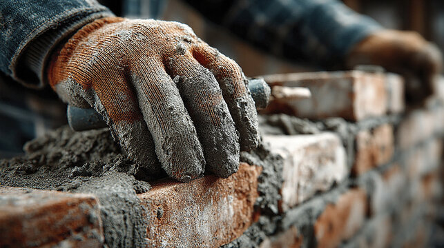 Bricklayer hand smoothing mortar on brick wall construction site, close up of worker wearing glove applying cement with care and skill, industrial building work with textured bricks and wet mortar