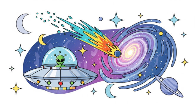 Alien spaceship flying through galaxy with comet and stars.