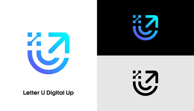 A stylized logo of Letter U Digital Up features arrows and letters on a split background