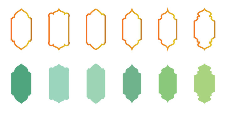 A islamic arch colorful window pattern icon set. Arabic geometric niche frame collection in clean outline and solid set . Decorative mosque panel template for background layout. Vector illustration. 
