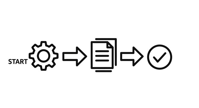 Workflow Process Illustrated by Gear, Documents, and Checkmark Icon.