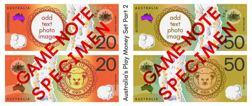 Vector set play money. Australia. Obverse and reverse of 20 and 50 Australian dollar banknote. Twenty and fifty dollars. Seal with portrait of koala bear. Empty circle, add text or image. Part 2