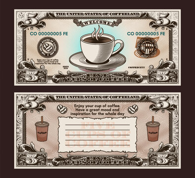 Vector vintage banknote in engraved style. Five cups of coffee. Obverse and reverse. 3D. Blank scroll. Advertising flyer or holiday coupon. Coffee shop ticket. Denomination 5