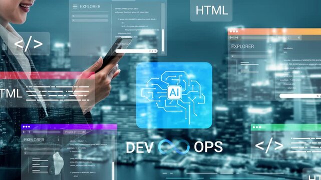 Modern Developer Using Mobile Device with AI and DevOps Concepts Displayed Among Web Pages and Coding Elements in a City Background Gluon.