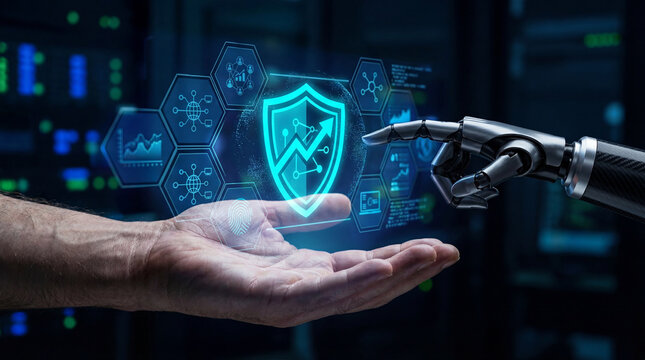 Hand of Human and Robot Interacting with Digital Security Elements