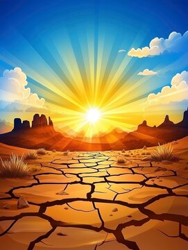Arid Desert Landscape Illustration with Cracked Earth and Bright Sunbeams, Drought Concept