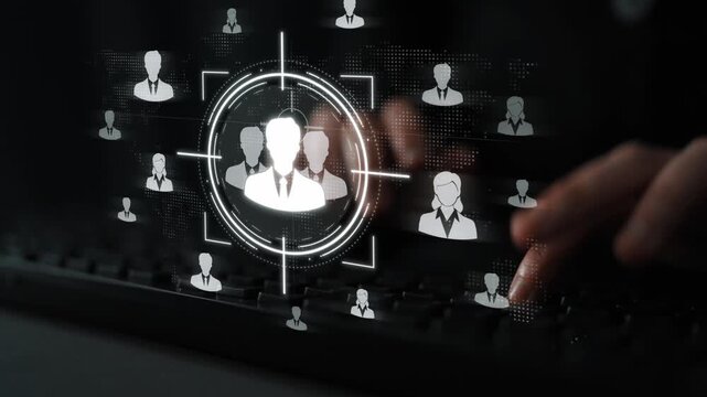 Futuristic Digital Interface Showing User Targeting and Identification Process with Silhouetted Figures Overlaid on Keyboard Background Sigmoid