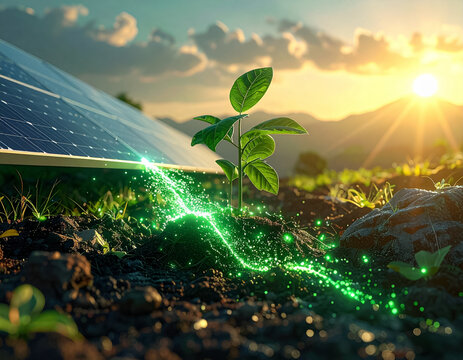 Solar panel and young plant with glowing green energy trail in soil at sunset