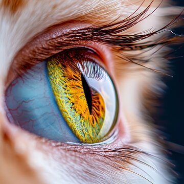 Macro Close-up of Feline Eye with Vibrant Yellow Iris and Blue Sclera - Detailed Digital Illustration