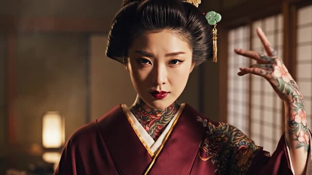 Captivating Japanese Woman in Traditional Kimono with Intricate Tattoos and Elegant Hairdo.