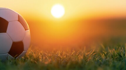 Fototapeta premium Close-Up Shot of a Soccer Ball on Grass with a Beautiful Sunset in the Background and Warm Color Tones Illuminating the Scene