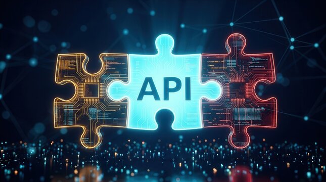 Interlocking puzzle pieces represent an API integration concept in a futuristic tech setting.