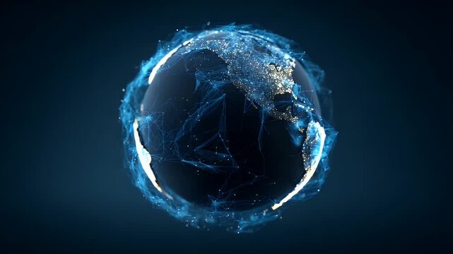 Global digital network interface with earth map, futuristic hud elements, data visualization, bright blue light streams, futuristic technology concept, cybernetic connection.