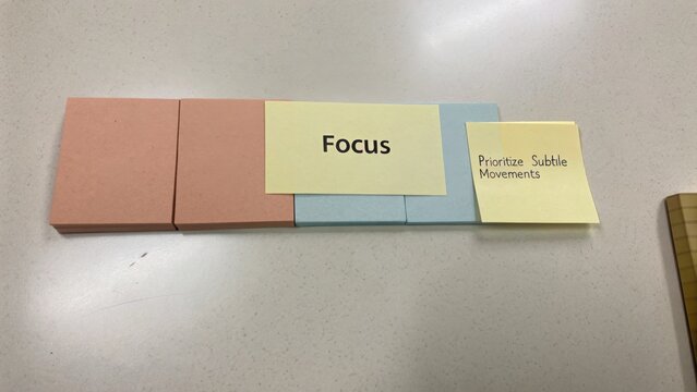 Stacked Sticky Notes Displaying Business Strategy and Focus on a Table Surface