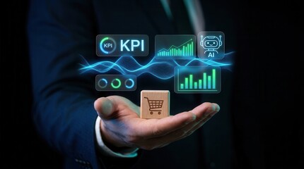Fototapeta premium AI ecommerce analytics dashboard featuring a wooden shopping cart block and KPI widgets.