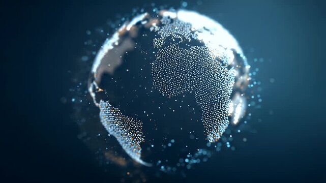 Digital world map with glowing blue circular HUD interface and data lines scanning across dark virtual background representing advanced global network connectivity and cyber communication technology.