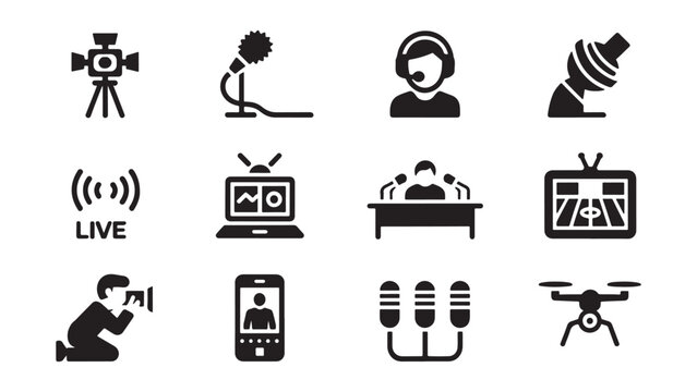 Sports Broadcasting and Media Production Icons Set for Live Coverage, Journalism, and Video Streaming Vector Illustration
