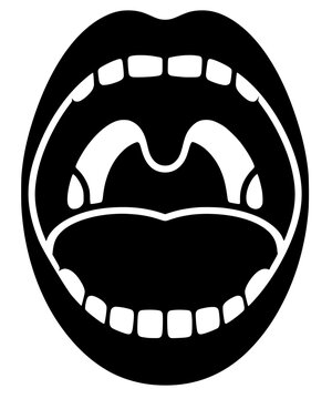 Detailed black vector silhouette of an open human mouth showing teeth, tongue, and throat anatomy for medical or dental design.