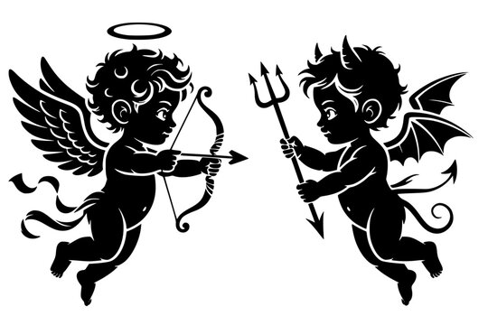 Elegant high-contrast black vector silhouette illustration of a flying baby angel (Cupid) with a bow and arrow, facing a flying baby devil with a trident, horn, wings, and tail.