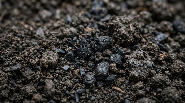 Close-up of rich, dark, and fertile biochar black soil texture.