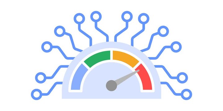 System node connected to gauge meter. Pointer indicating risk level measurement. Risk scoring evaluation concept scene. Clean interface element detail. Continuous gauge motion animation.
