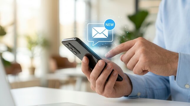 Businessman using a smartphone receiving a new email alert for digital communication.