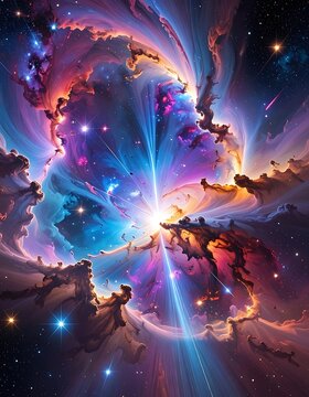 Vibrant cosmic explosion with swirling clouds of gas and stars
