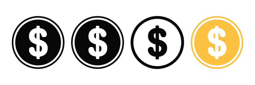 Dollar coin icon vector set featuring US currency symbols collection for finance, payment, banking, and money design elements.