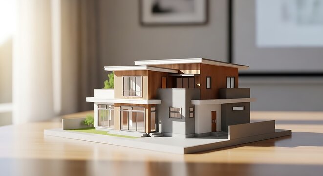 Small scale model of a modern house on a wooden table in a bright room. small house model placed